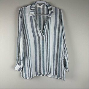 CP Shades White Blue Gray Striped 100% Linen Open Neckline Long Sleeve Top Small